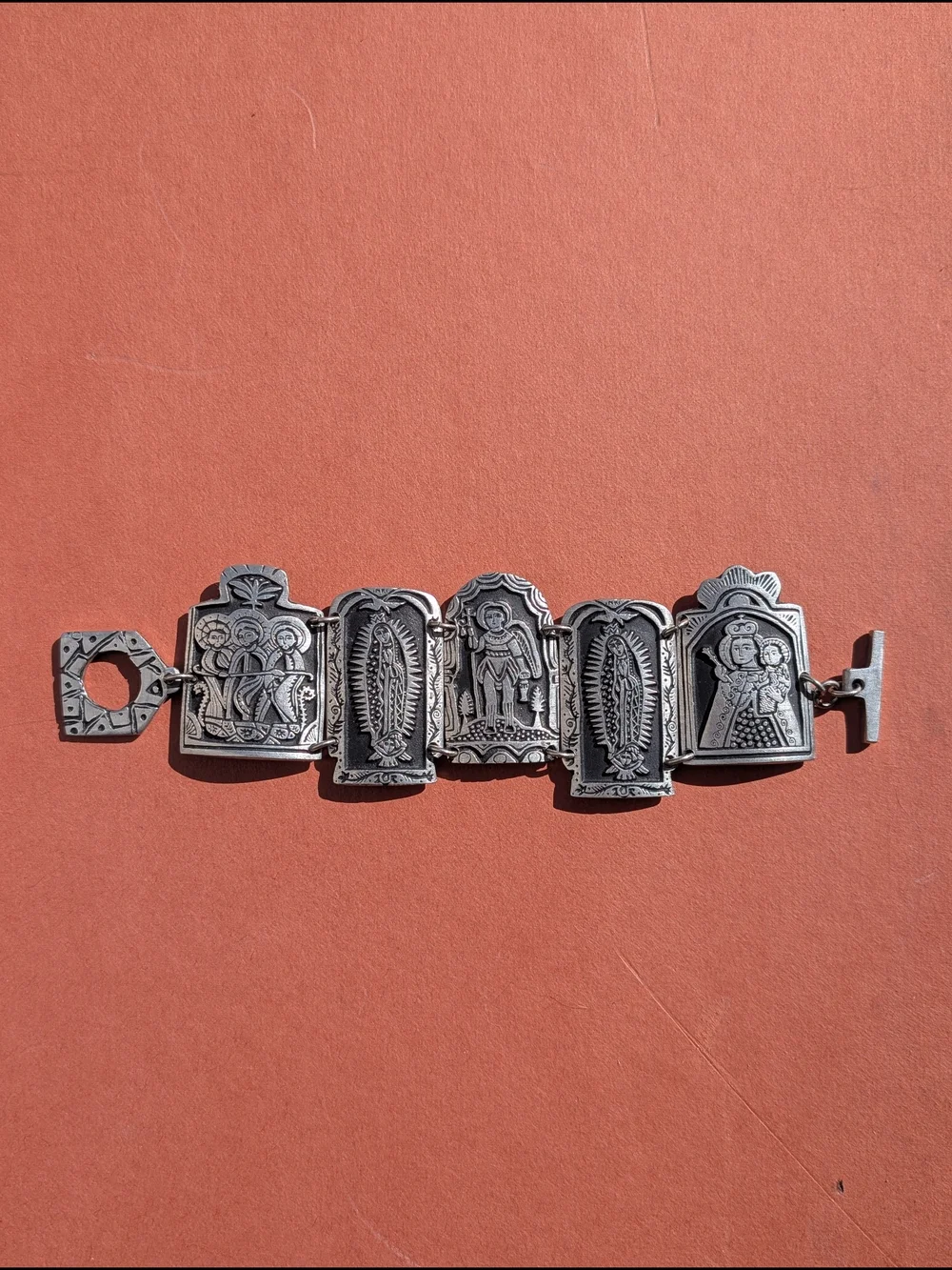 Vintage Alice Seely Pewter Religious Panel Link Bracelet Saint Icons 2000 Singed